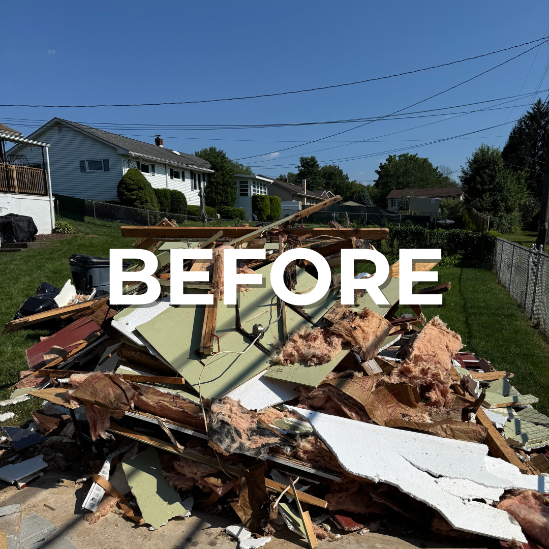Branded "BEFORE" image showing a cluttered yard with a shed in Allentown, PA.