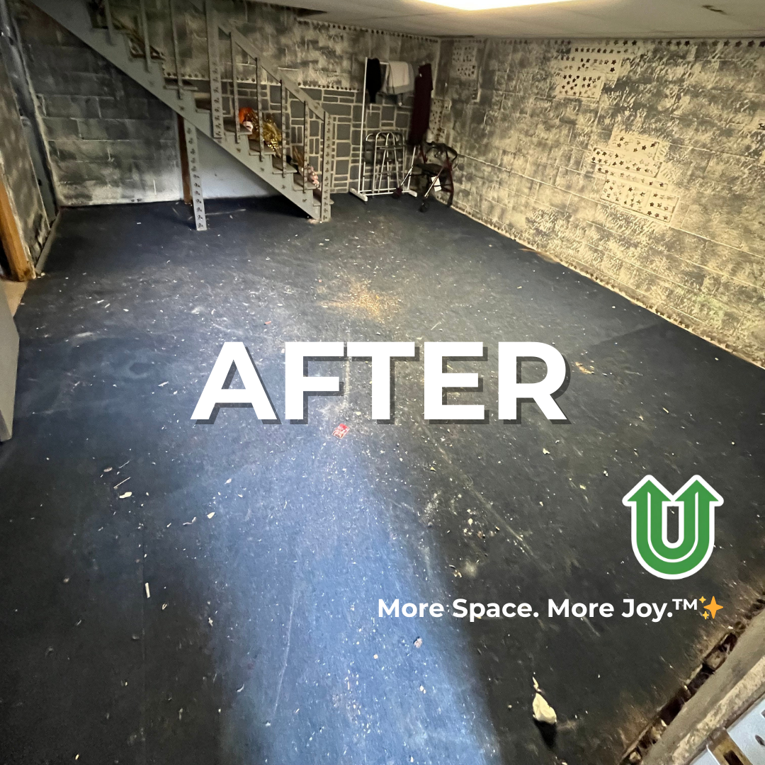 Branded "AFTER UPLIFT" image showing a newly cleared basement in Center City Philly. The image features the green Uplift “U” brand mark and the ‘More Space. More Joy.™ ✨’ tagline.
