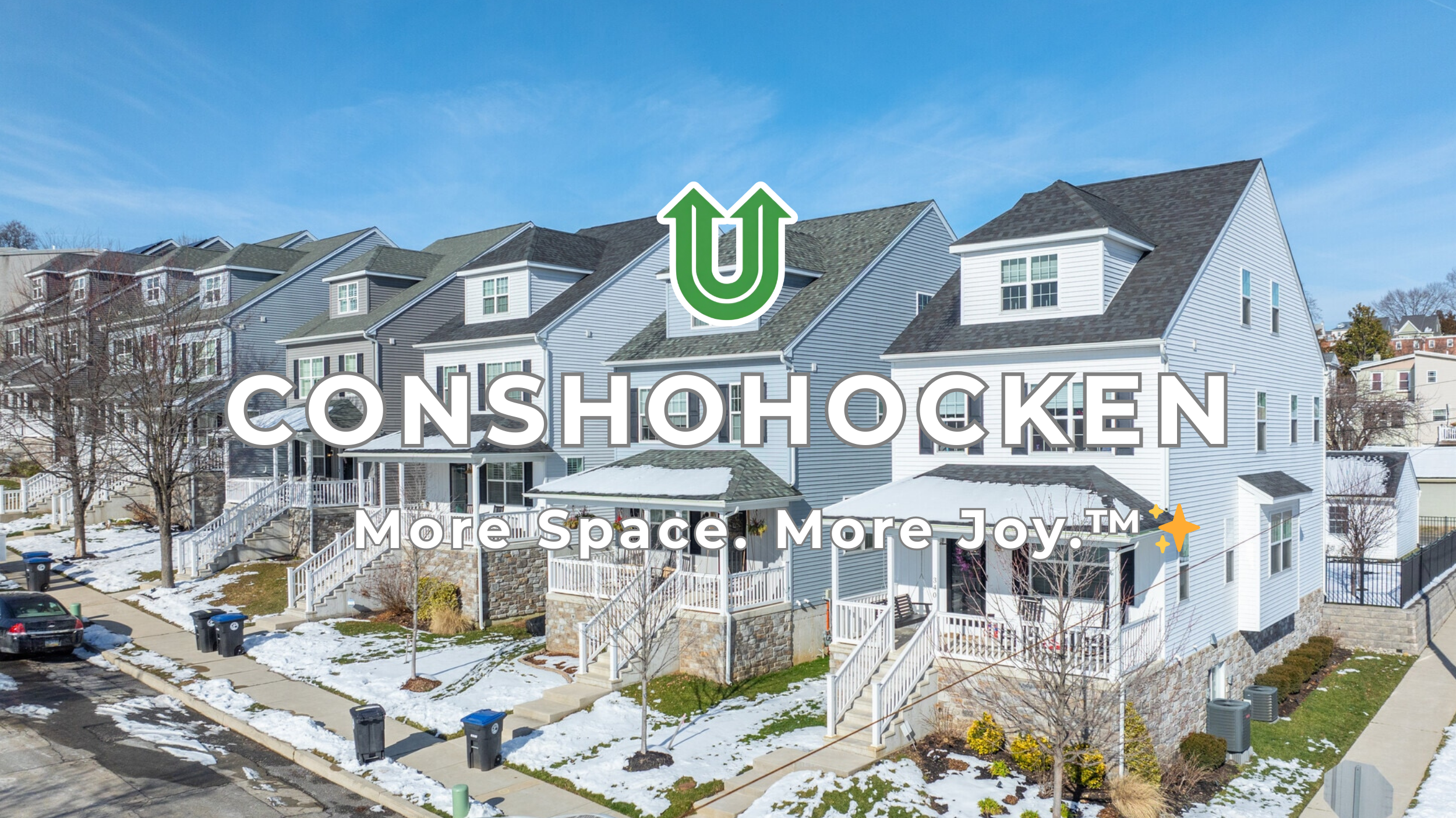 Branded photo from Uplift Junk Solutions showing a cleanout for a home in Conshohocken, Montgomery County, PA. The image features the green Uplift “U” brand mark and the ‘More Space. More Joy.™ ✨’ tagline.