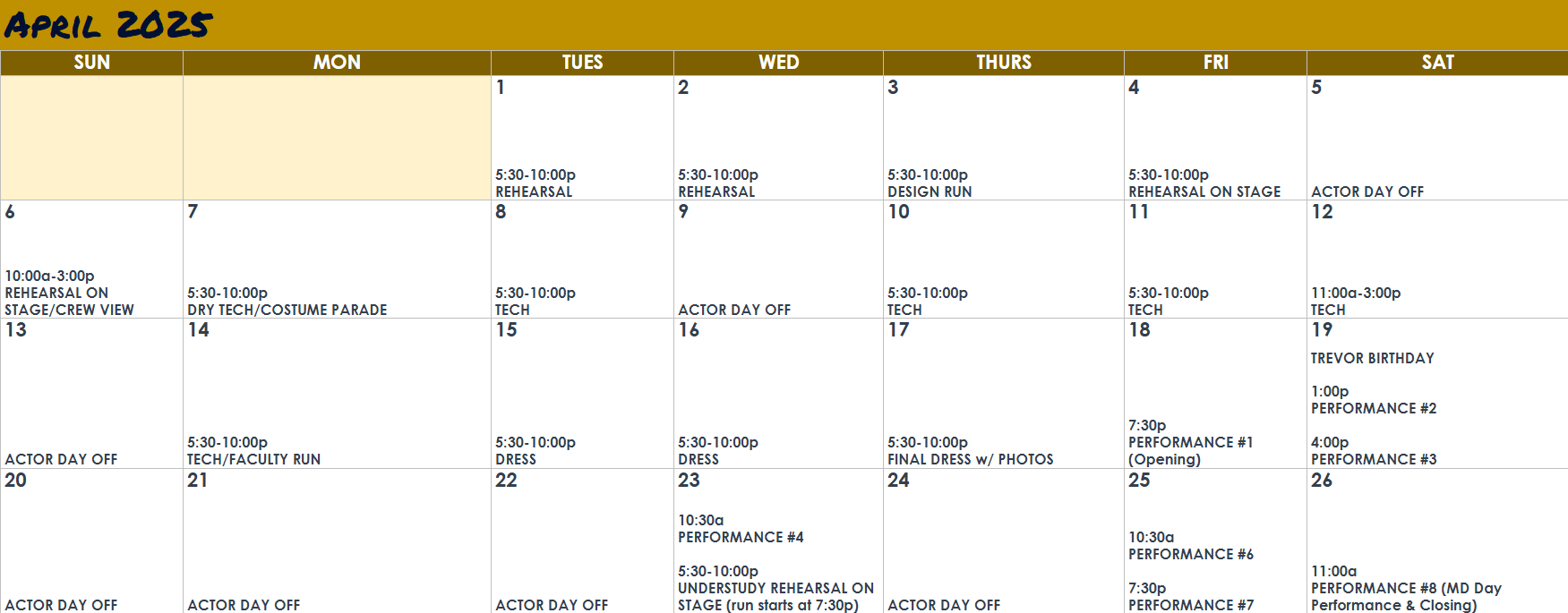 Excerpt of Rehearsal & Performance Calendar