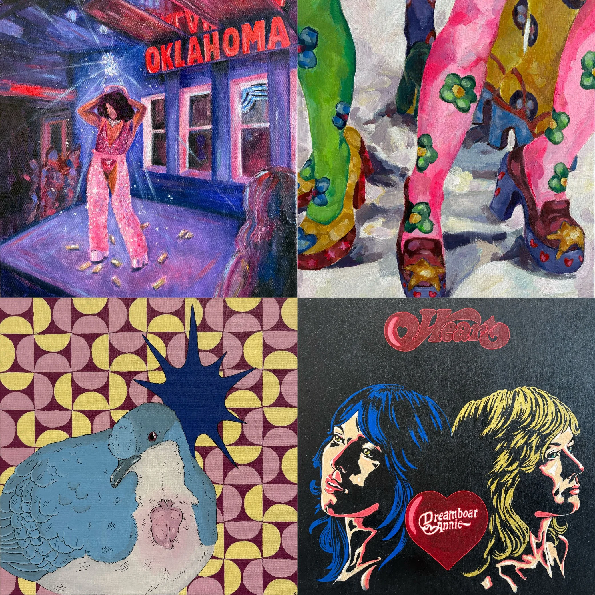 1) Oklahoma Drag by Eliza Witty @eliza.w.creative
2) Prismatic by Lillian Plumlee @lillyjopaintings
3) A Bleeding Heart by Kileigh Carson @leighnthings
4) Dreamboats by Roxxann Murphy @roxxannmurphy