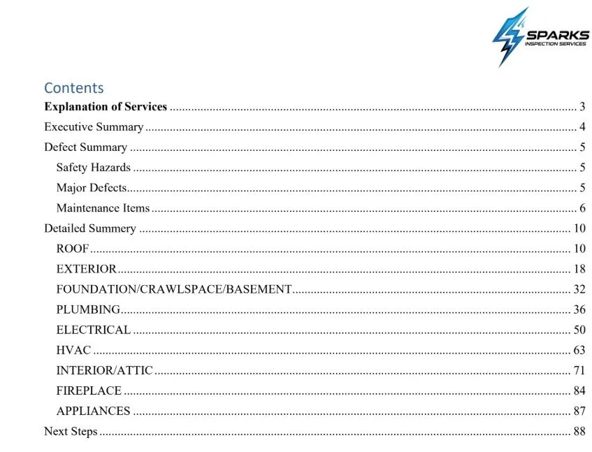 Table of contents for a service inspection report by Sparks Inspection Services, listing sections on explanation of services, executive summary, defect summary, detailed summary of different home areas, and next steps.