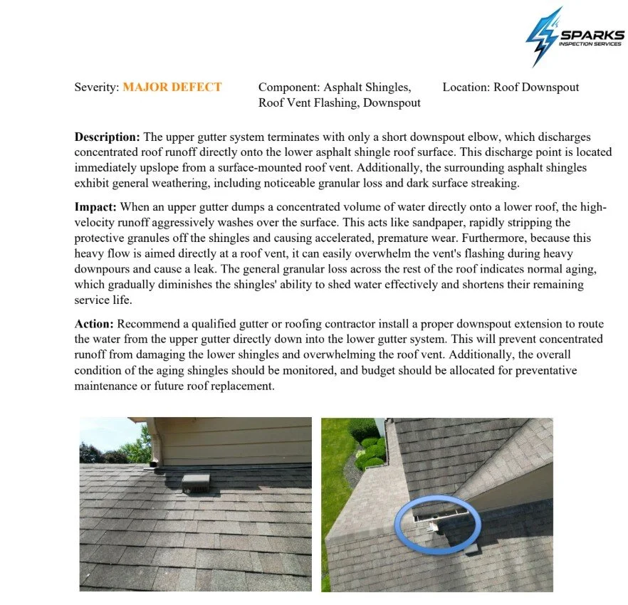 Roof inspection report with the sparks inspection services logo at the top right, describing a major defect in asphalt shingles at a roof downspout. The report includes a photo of a roof showing asphalt shingles with a small vent. The second photo shows an asphalt shingle roof with a downspout circled to indicate the defect.