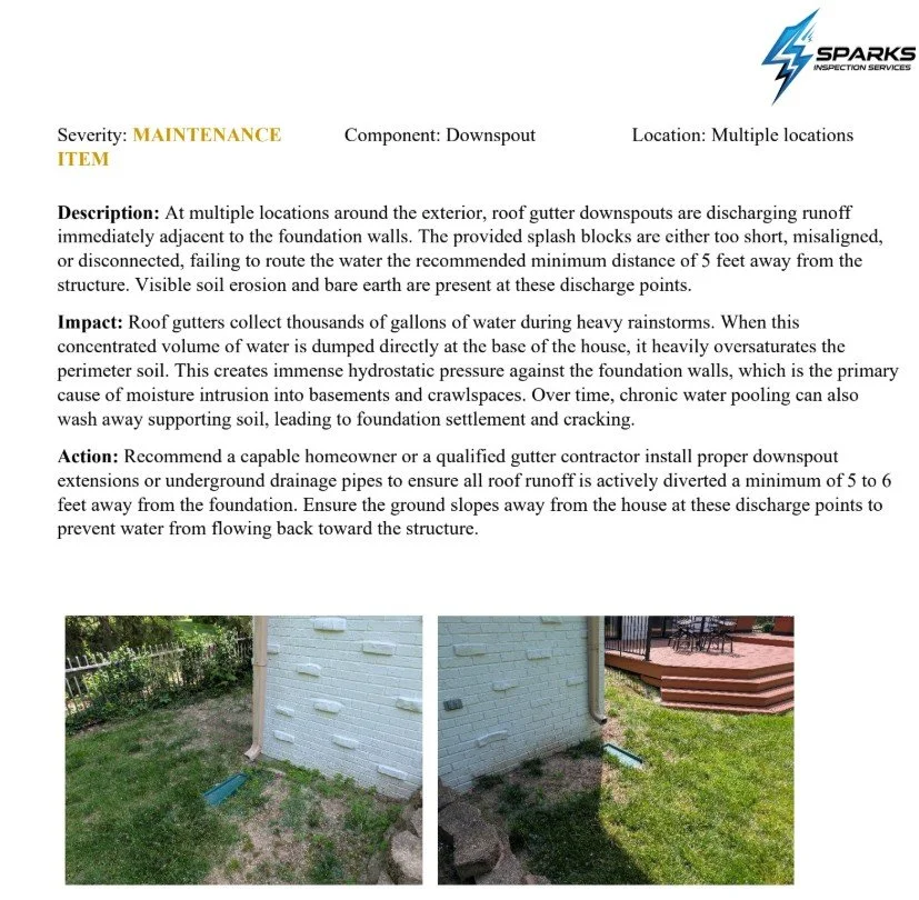 Photographs of a house exterior showing gutter downspouts with evidence of soil erosion and exposed bare earth at the discharge points, with the yard and grass nearby.