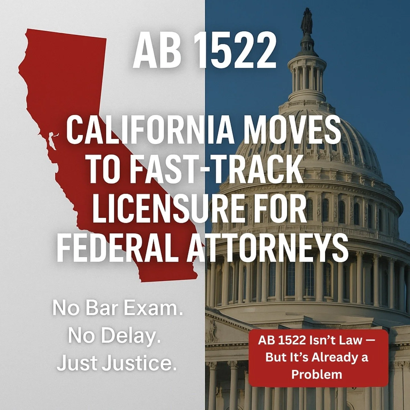 🚫 California Assembly Bill 1522 Didn&rsquo;t Pass &mdash; But It&rsquo;s Still Unjust.

The bill proposed a bar exam waiver &mdash; but only for federal attorneys employed before Jan 20, 2025.

That&rsquo;s not reform. That&rsquo;s favoritism.

💼 W