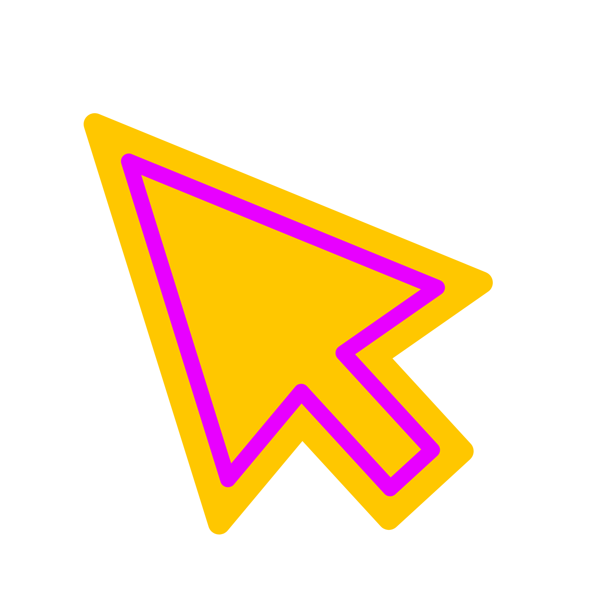 A stylized computer mouse cursor icon with a yellow fill and a pink outline, set against a black background.