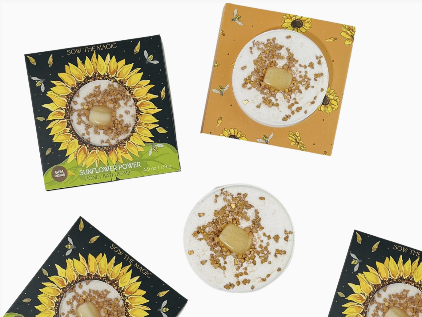 Sunflower Power Honey Bath Bomb with Amber Gemstone