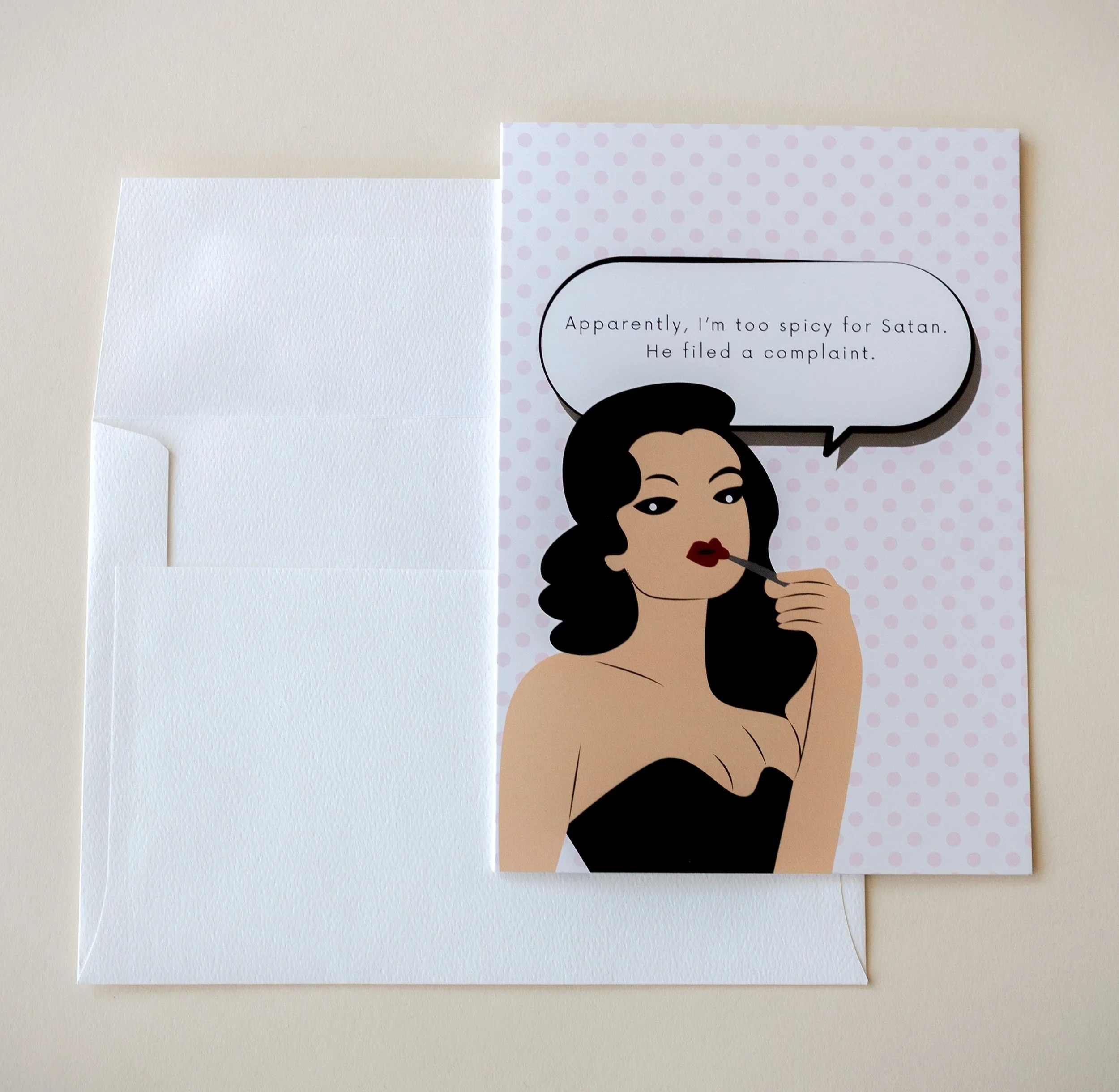 Retro Woman Funny Card – Too Spicy for Satan