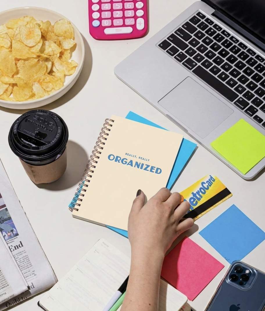 Overhead view of a workspace with a bowl of potato chips, a pink calculator, a laptop, a coffee cup, a MetroCard, a notebook labeled 'Really, Really Organized', sticky notes, a smartphone, and a person's hand reaching for the MetroCard.
