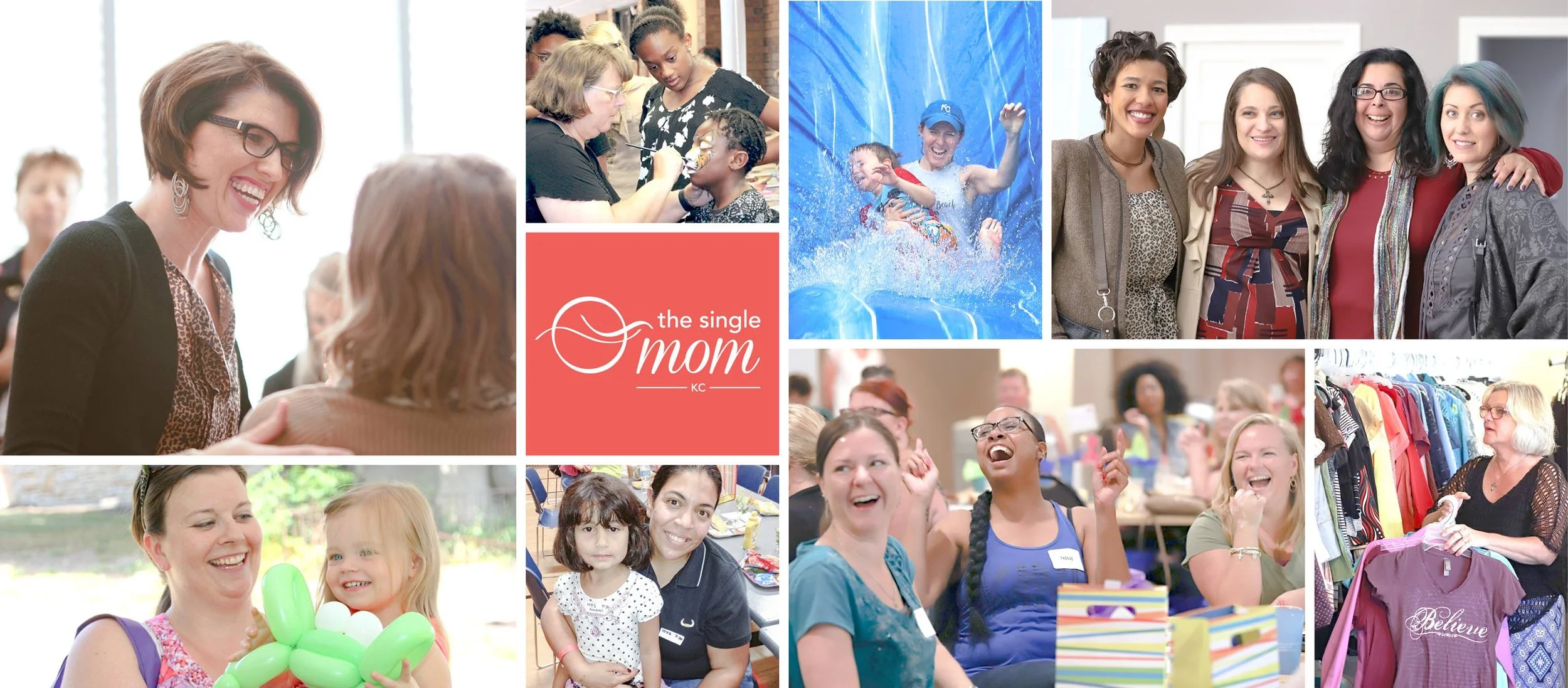A collage of women at a social gathering, children playing, and a sales booth, with a central logo for 'The Single Mom KC'