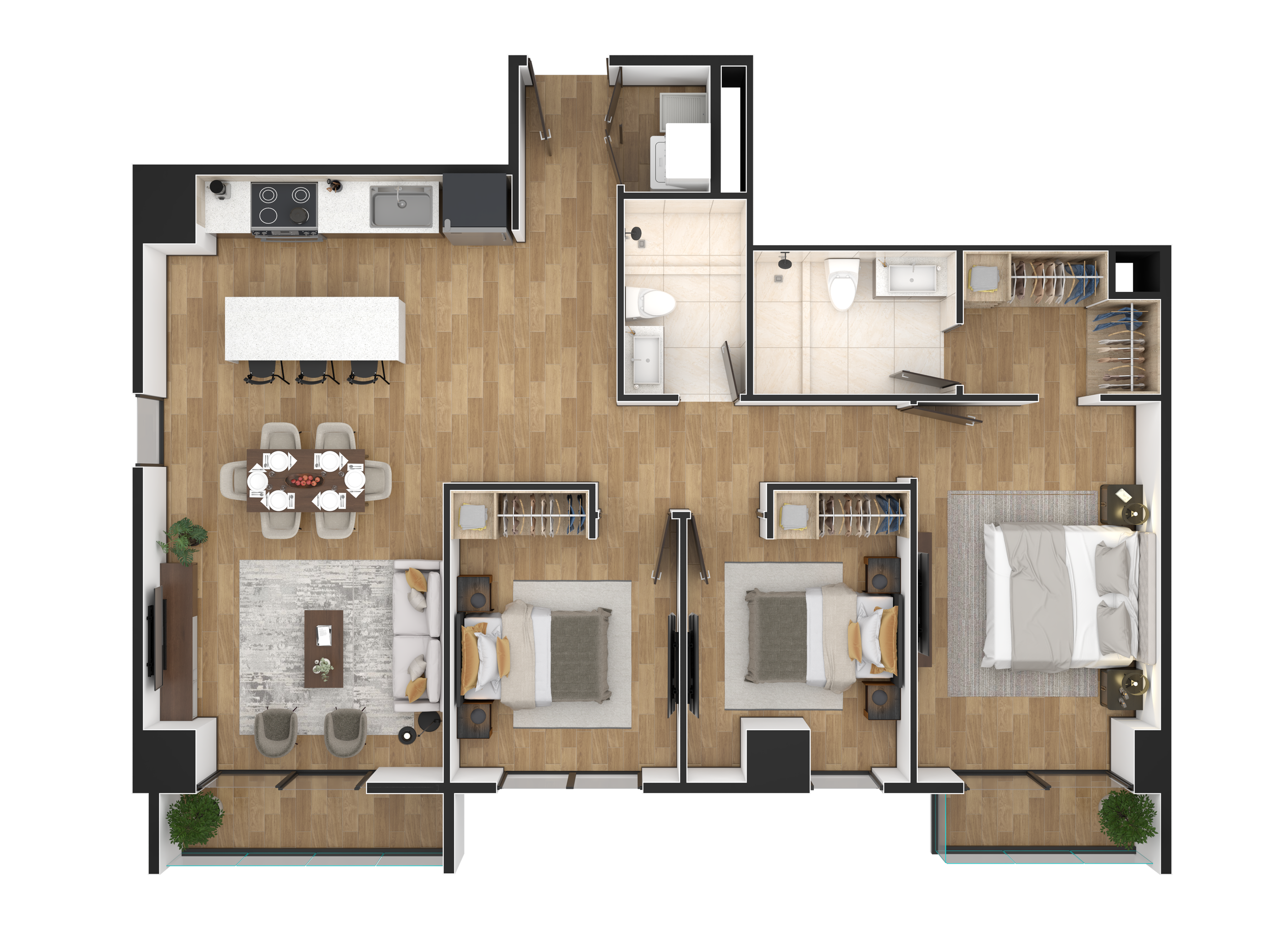 Floor plan of a three-bedroom apartment with living room, dining area, kitchen, two bathrooms, and balconies.