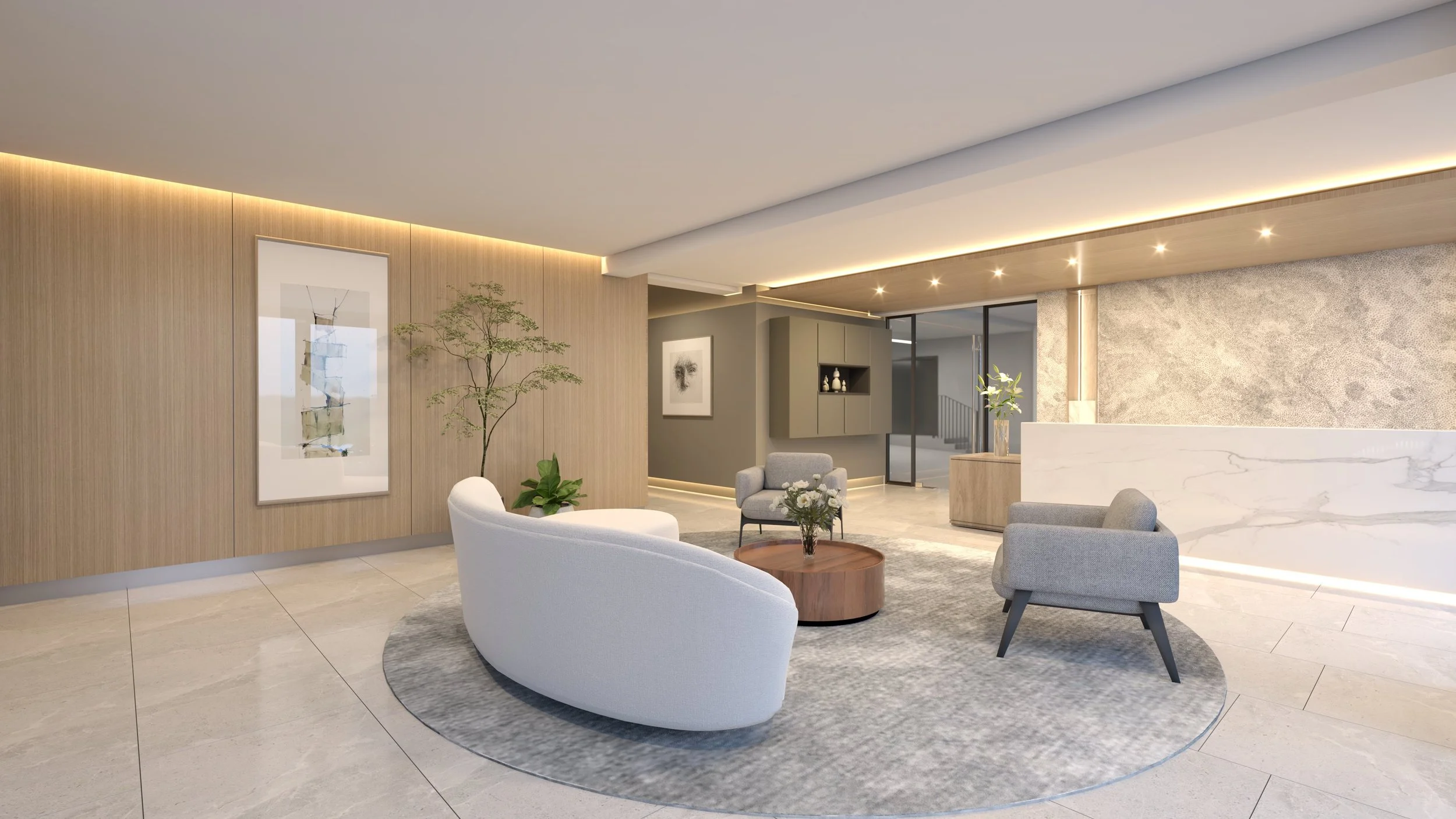 Modern hotel lobby with light wood walls, marble accents, gray and white seating, a round wooden coffee table, and potted plants.