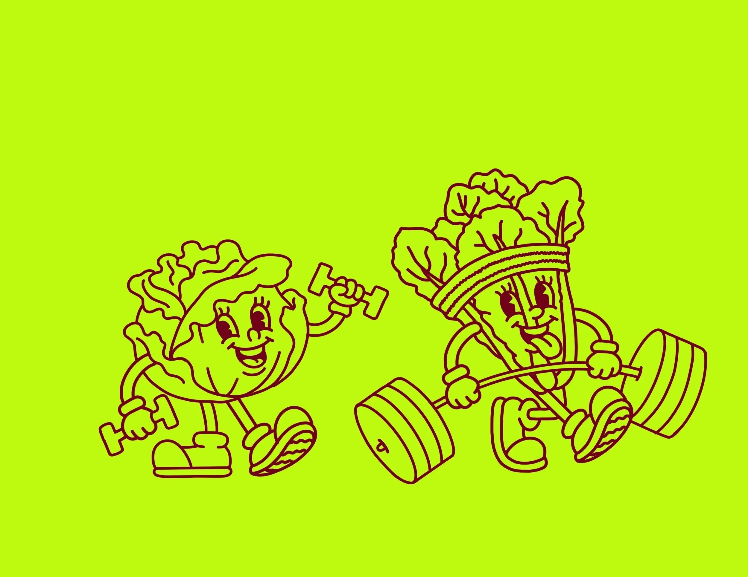 Line drawing of two anthropomorphic vegetable characters lifting weights on a bright green background