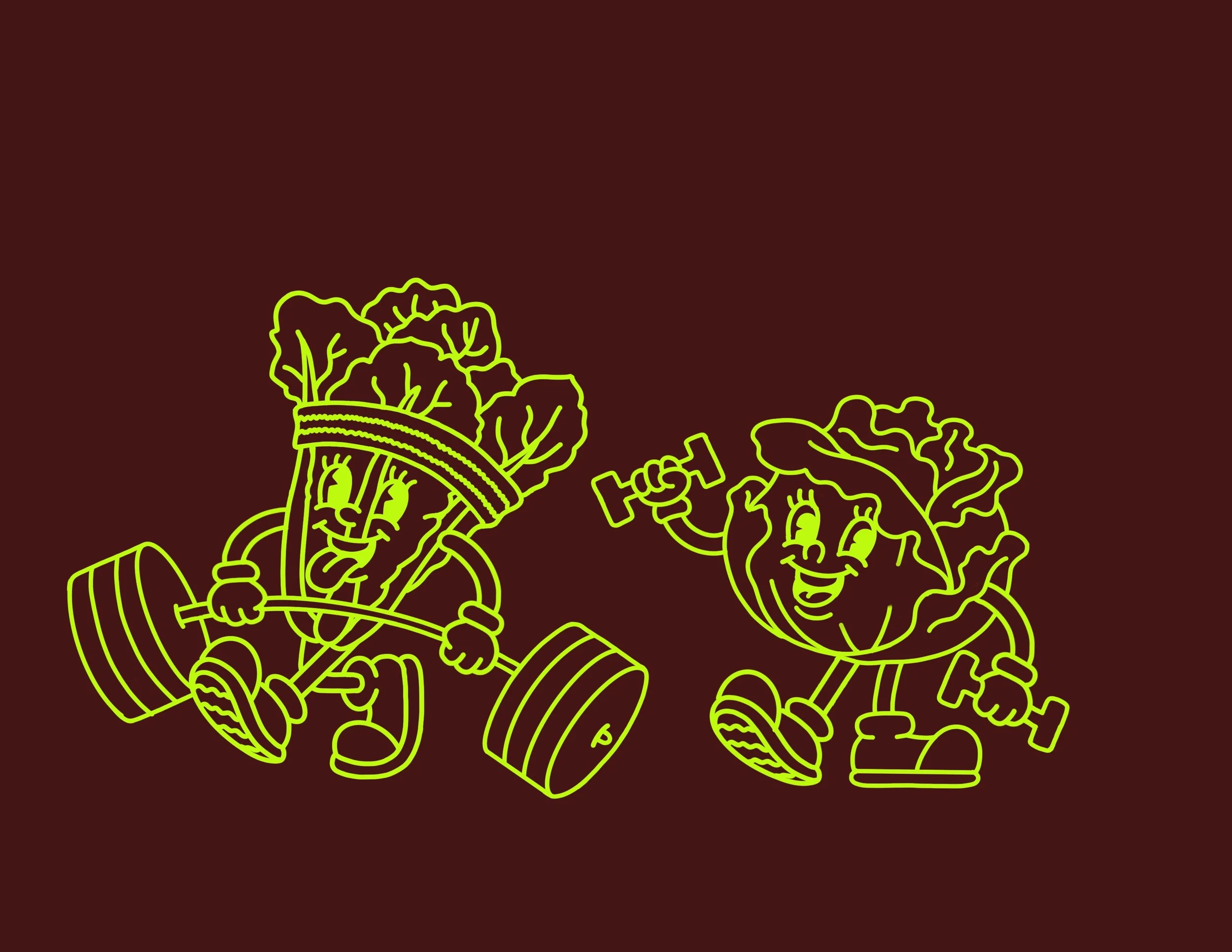 Line art illustration of two anthropomorphic lettuce heads lifting weights and exercising, with one wearing a headband and the other wearing a hat, both smiling.