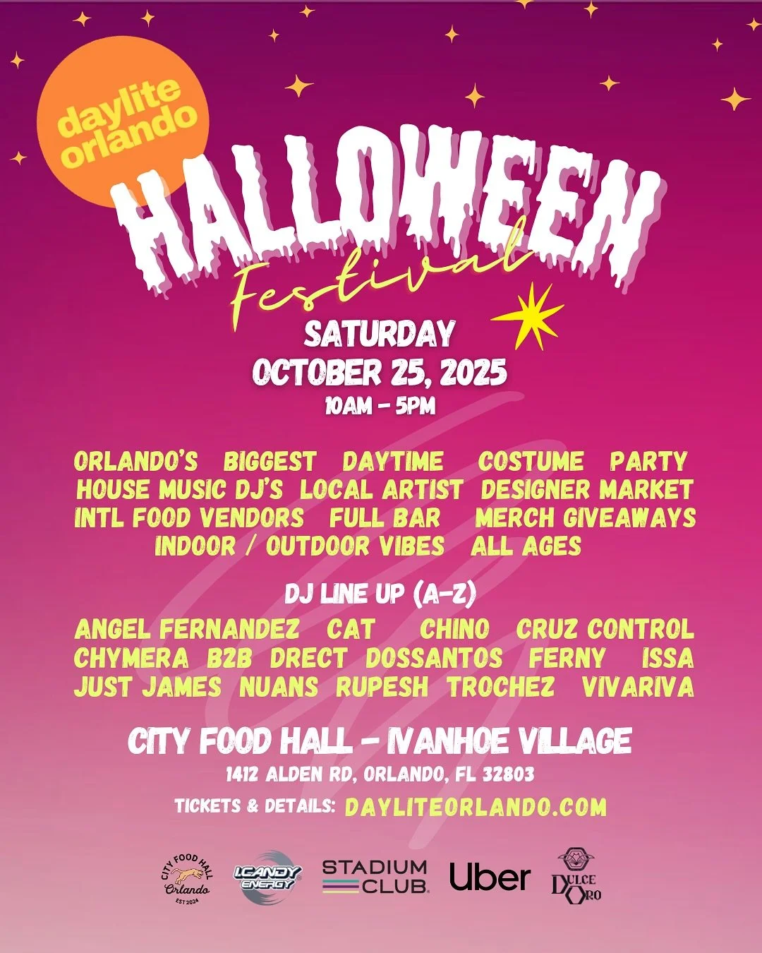 INTRODUCING THE OFFICIAL DJ LINEUP for Daylite Halloween Festival.

Saturday, October 25, 2025
@cityfoodhallorlando 
10:00am to 5:00pm

-Orlando&rsquo;s biggest daytime costume party
-15 house music djs
-Local artist &amp; designer marketplace
-Intl 