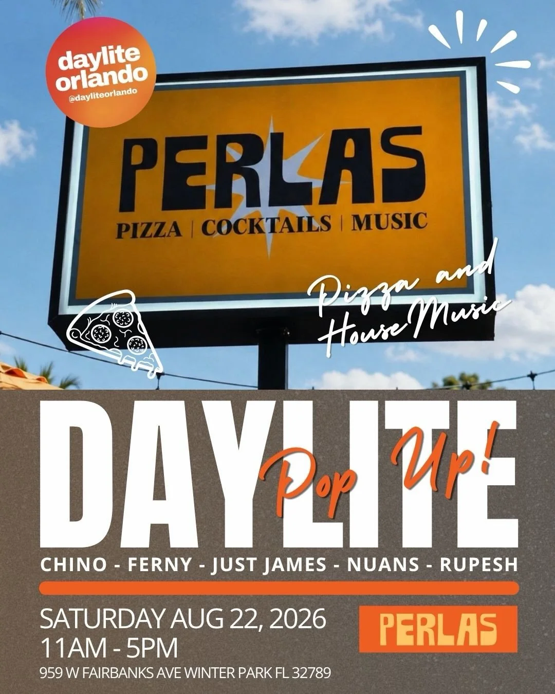 🍕 PIZZA PARTY in Orlando 🍕
Come day party with the crew August 22nd

We&rsquo;re excited to partner up with Perlas for our only Pizza Popup of 2026!

&bull; Daytime vibes 
&bull; House music
&bull; Enjoy our curated menu
&bull; Drink specials
&bull