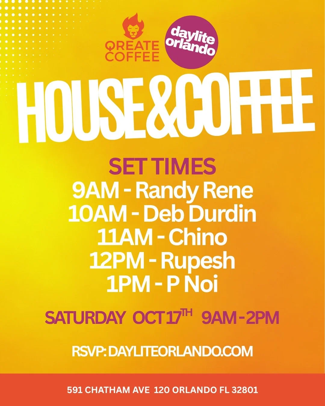 YOUR MONTHLY COFFEE PARTY! 
☕️House &amp; Coffee this Saturday at 9AM 

🌈Pop in before the Pride events. 

🌯Featuring @burritoboysorlando 

Set Times
9AM - Randy Rene
10AM - Deb Durdin
11AM - Chino
12PM - Rupesh
1PM - P Noi 

📍Qreate Coffee - Crea