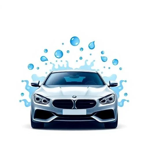 A silver BMW car with water splashes and droplets in the background.