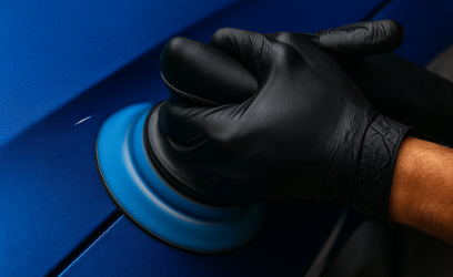 A person wearing a black glove polishing a blue car with a polishing pad.