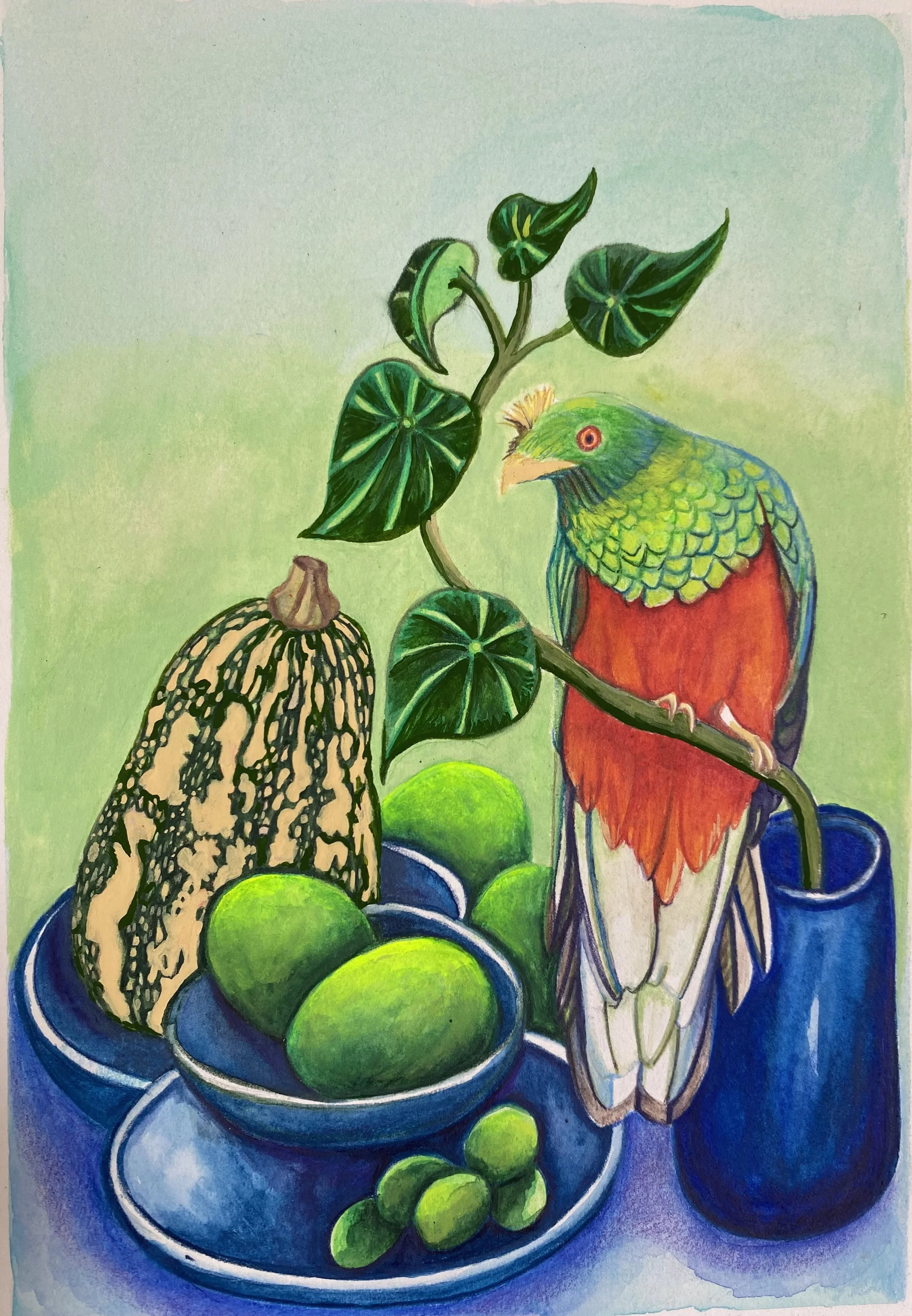 Quetzal and still life 2021. Gouache y Acuarela. 18 x 26cm.jpeg