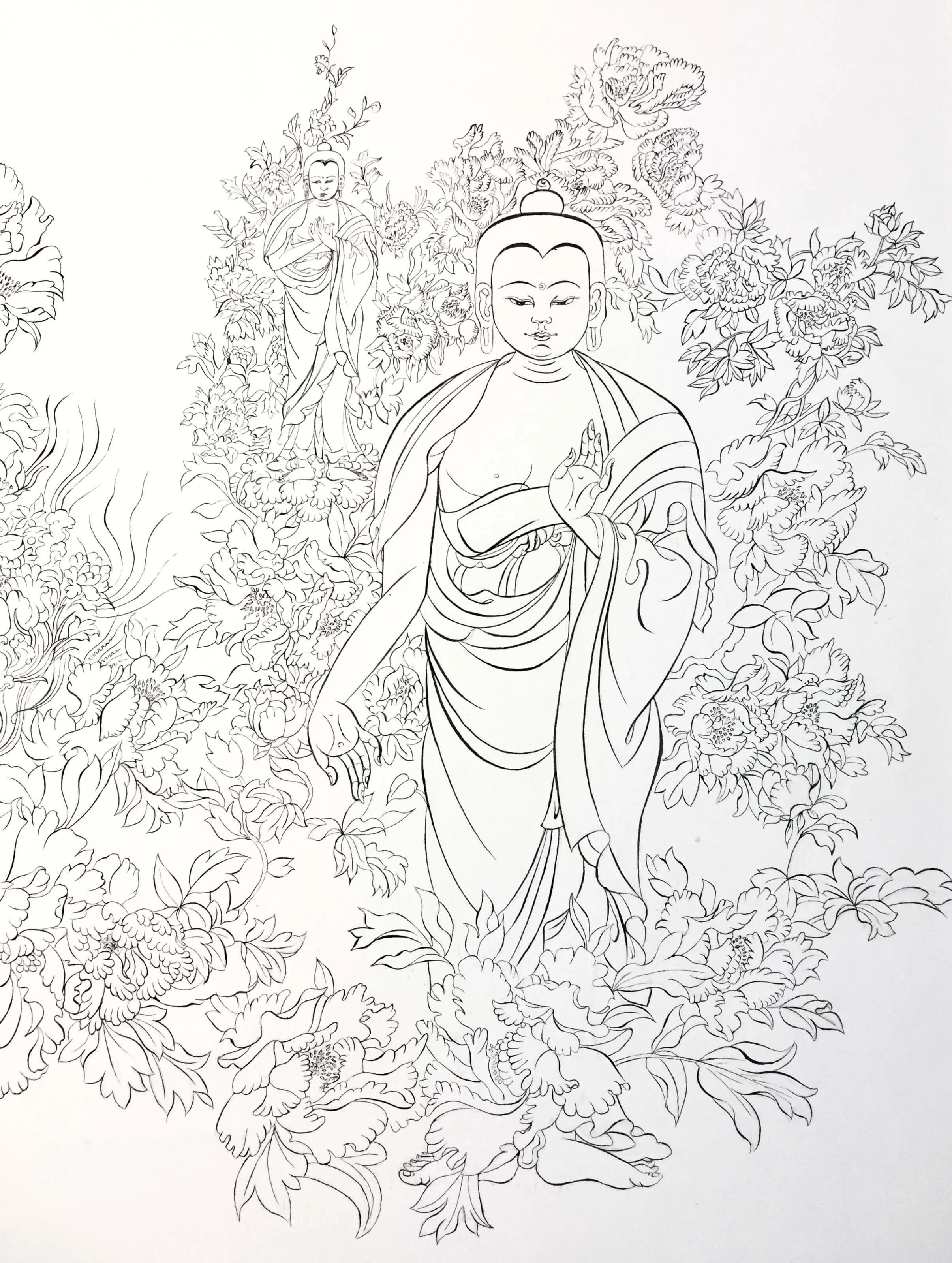 Standing Buddhas and Peonies 2017. (Detail)
