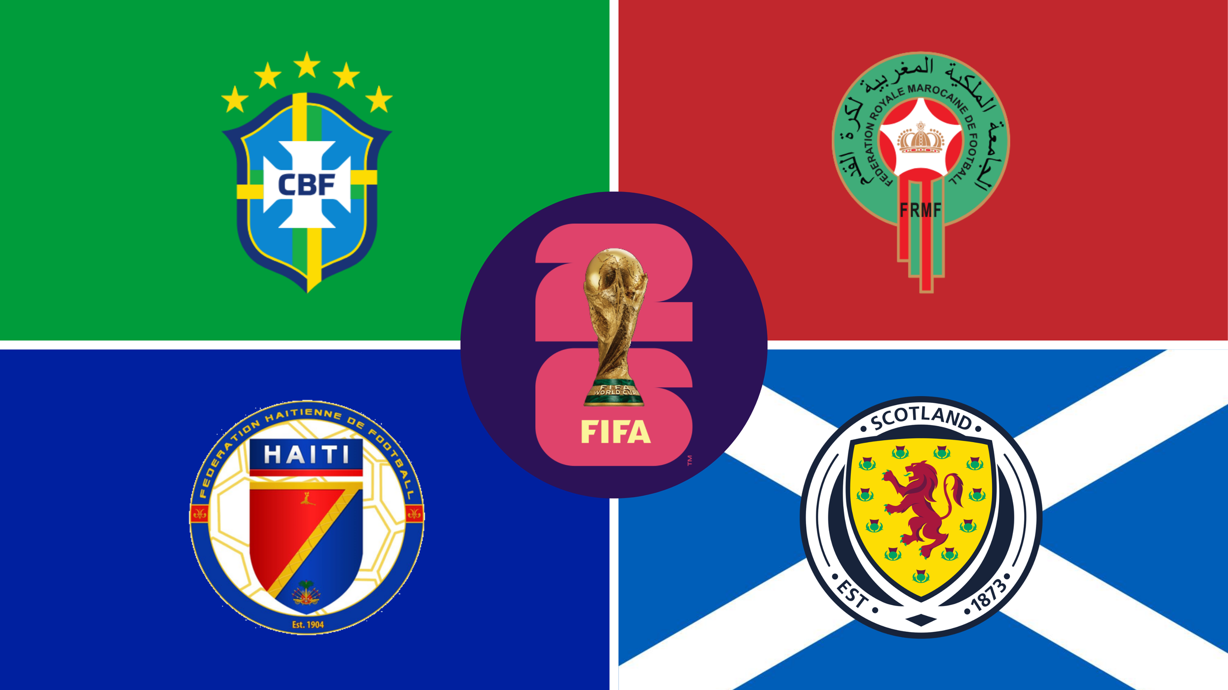 World Cup 2026 Group C teams - Brazil, Morrocco, Haiti, Scotland - with the FIFA World Cup 26 logo in Tipple Sports colours