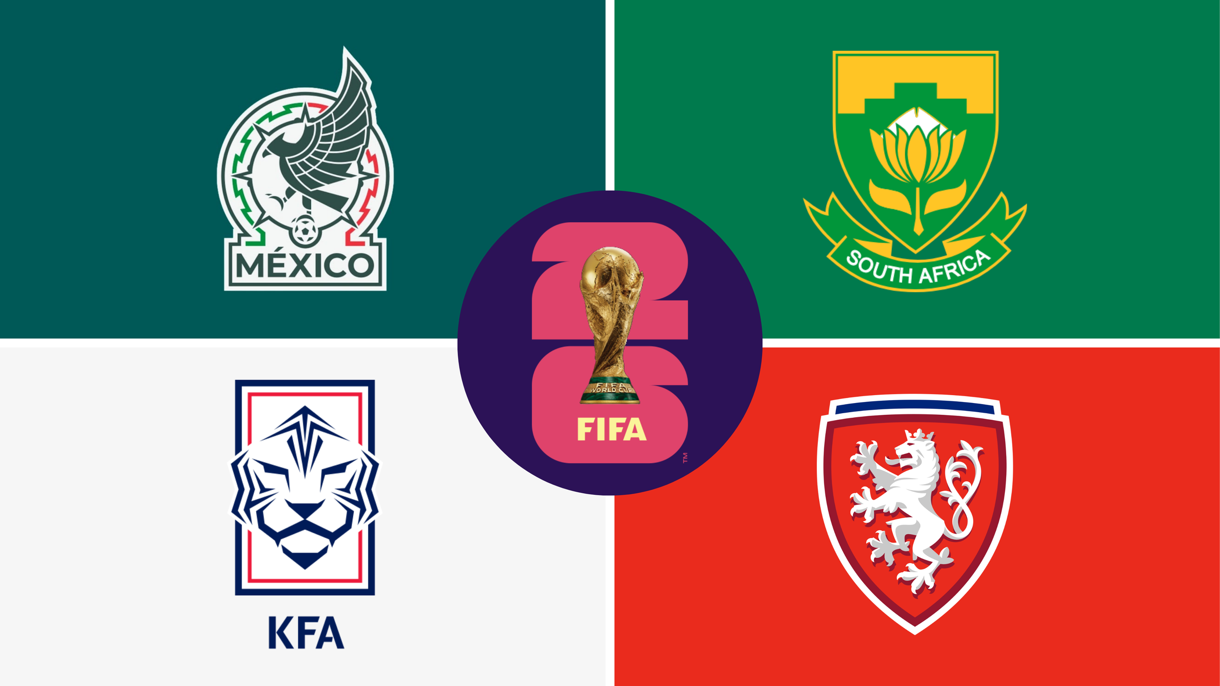 World Cup 2026 Group A teams — Mexico, South Africa, South Korea and Czechia — with the FIFA World Cup 26 logo in Tipple Sports colours