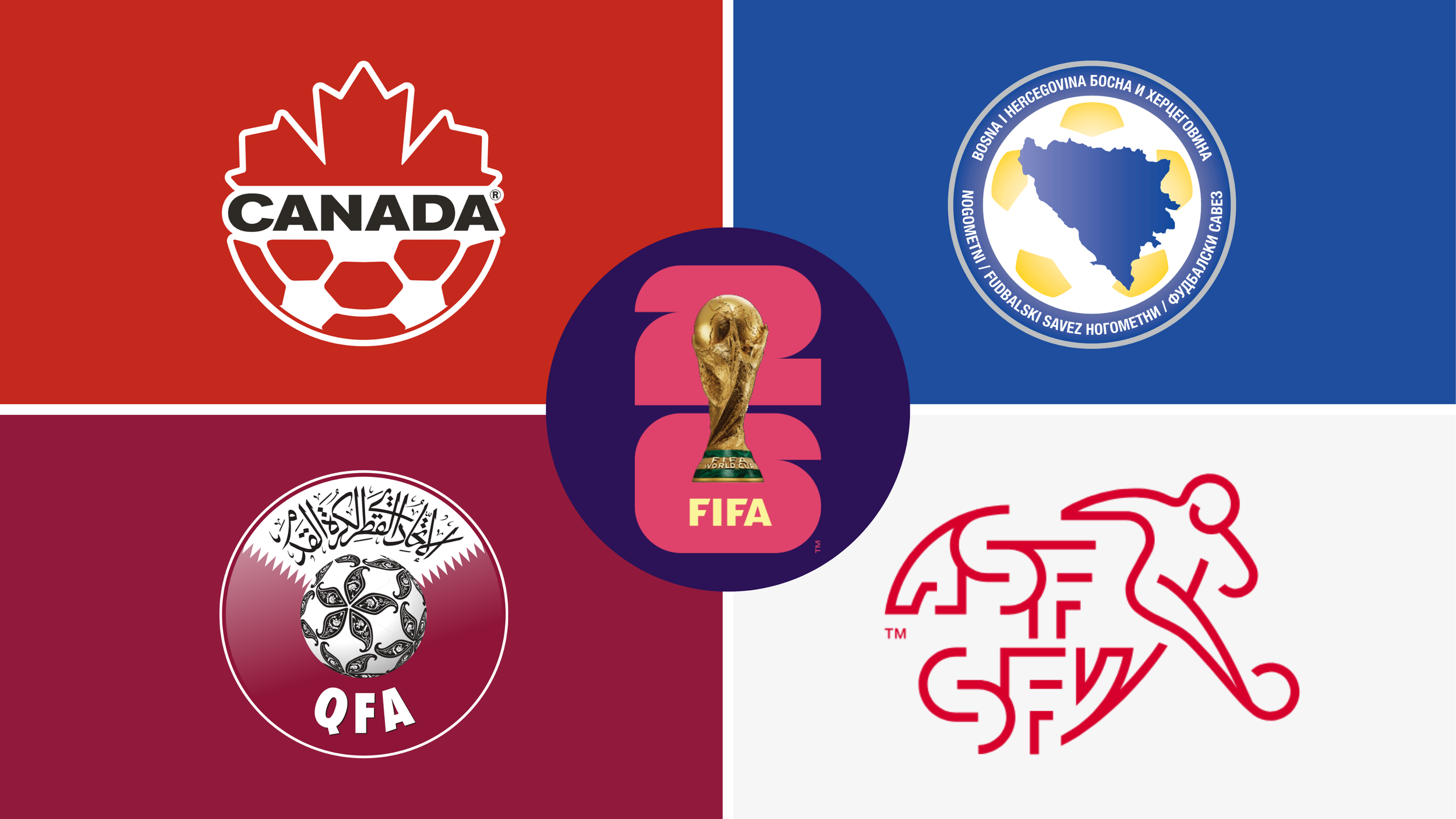 World Cup 2026 Group B teams — Canada, Bosnia and Herzegovina, Qatar, Switzerland - with the FIFA World Cup 26 logo in Tipple Sports colours