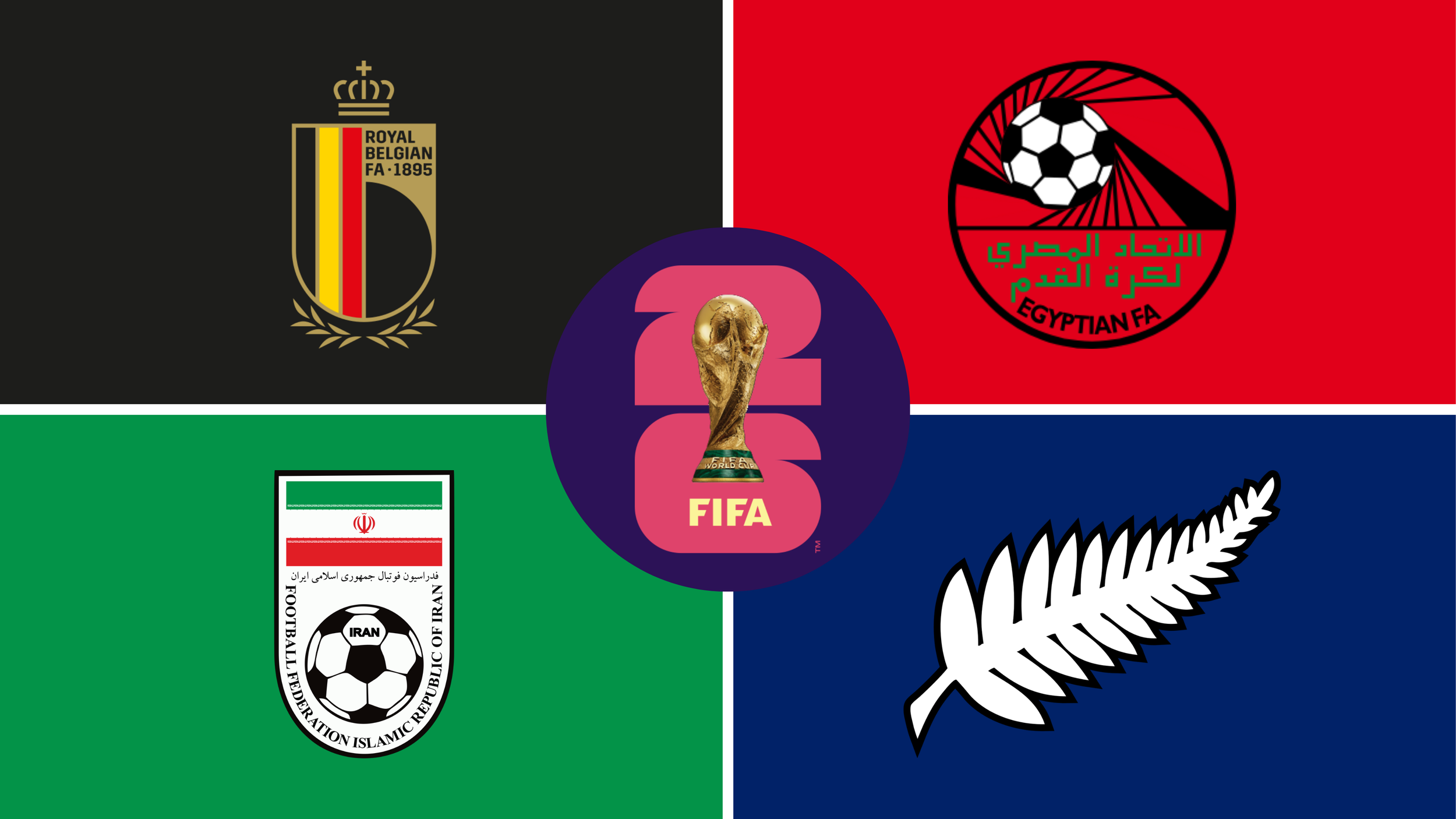 World Cup 2026 Group G teams - Belgium, Egypt, Iran, New Zealand - with the FIFA World Cup 26 logo in Tipple Sports colours