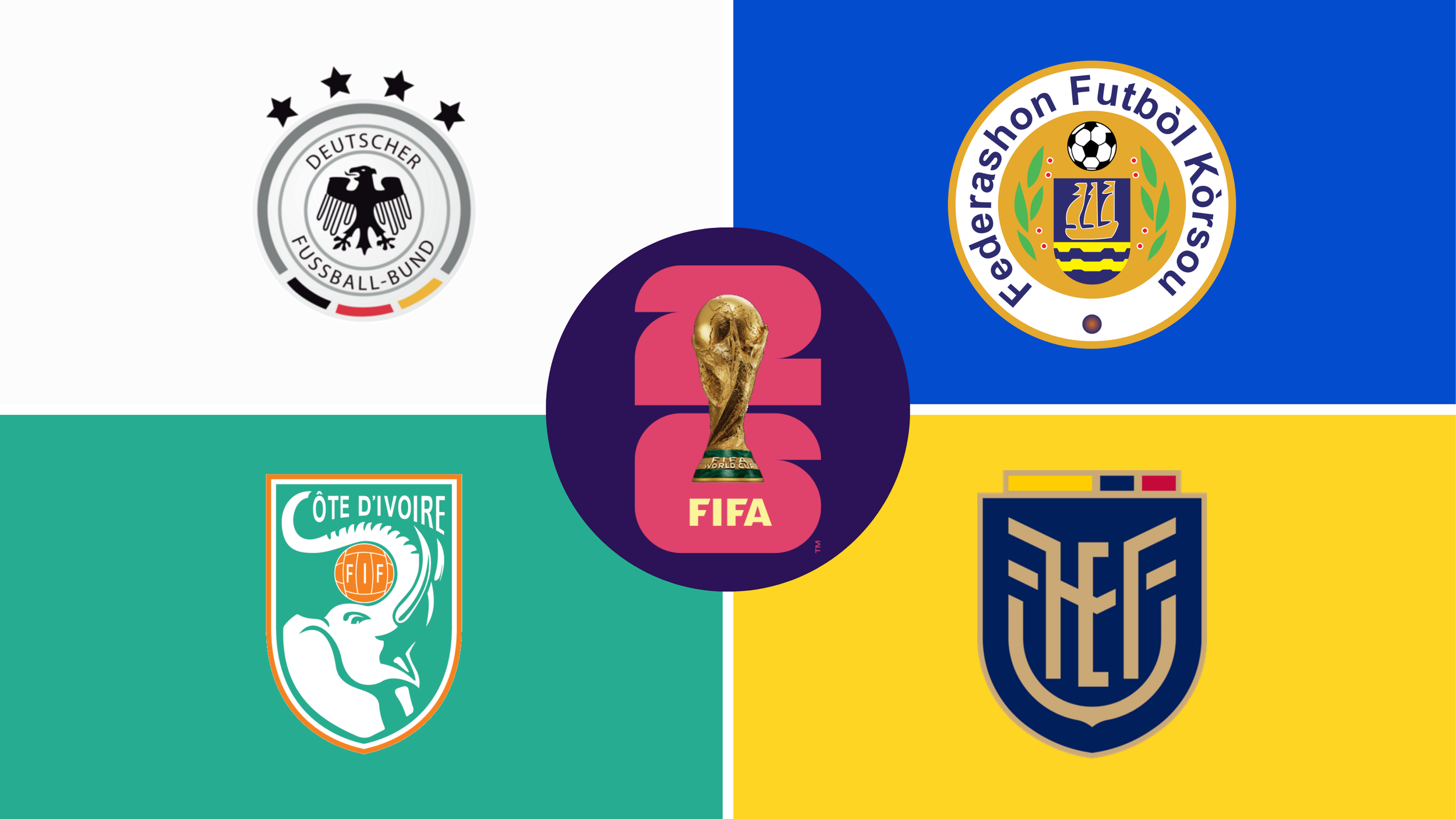 World Cup 2026 Group E teams - Germany, Curacao, Ivory Coast, Ecuador - with the FIFA World Cup 26 logo in Tipple Sports colours