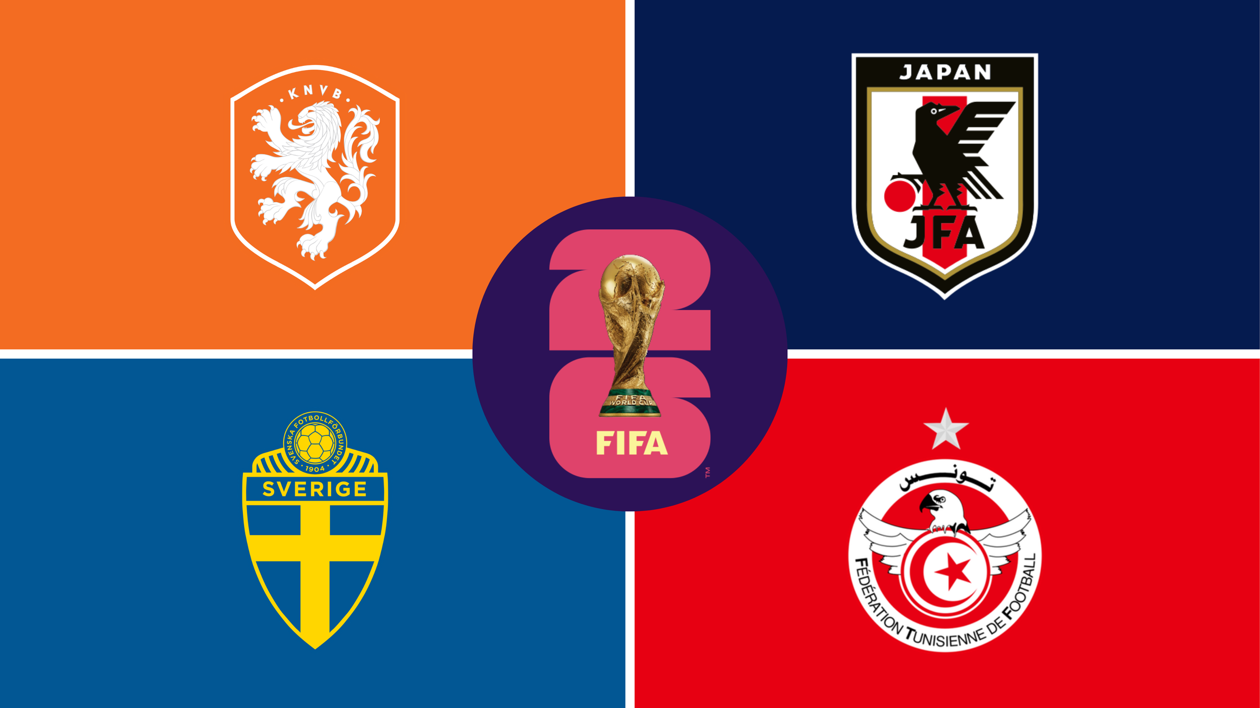 World Cup 2026 Group F teams - Netherlands, Japan, Sweden, Tunisia - with the FIFA World Cup 26 logo in Tipple Sports colours