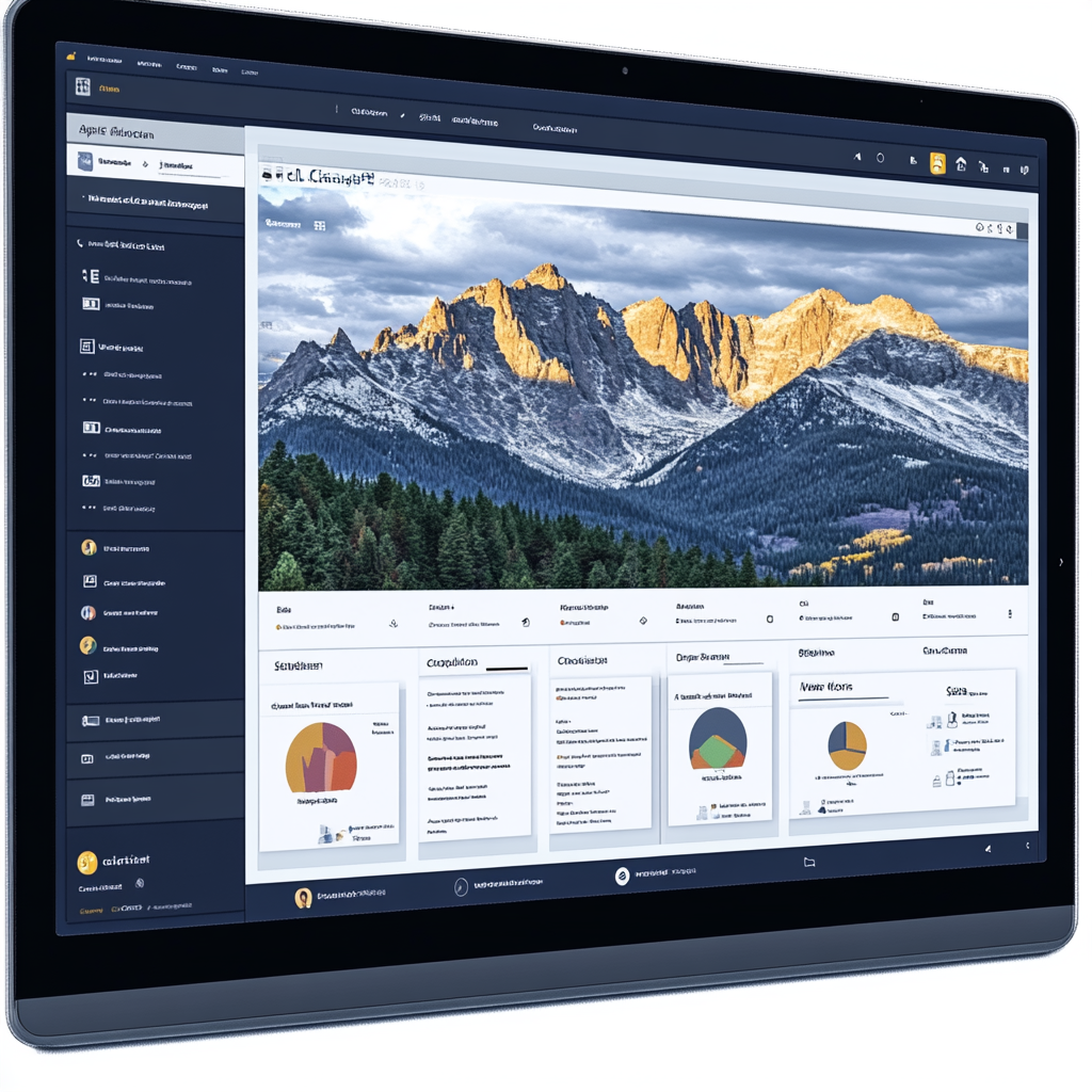 Laptop computer displaying a mountain landscape on a graphically designed business dashboard.