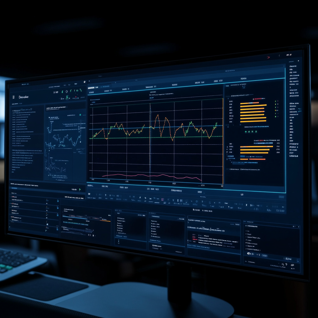 A computer monitor displaying digital analytics with graphs and data visualizations in a dark workspace
