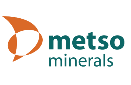 Metso Minerals logo with an orange abstract symbol and teal text.