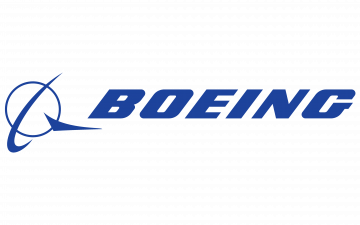 Boeing logo with a stylized airplane orbit and the word 'BOEING' in blue.