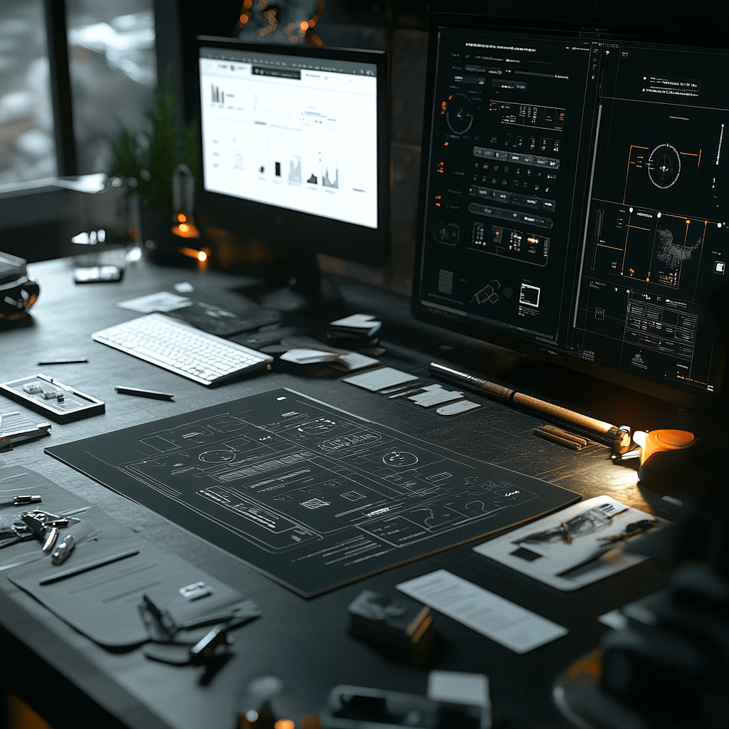 Design workspace with computer monitors displaying sketches and technical diagrams, along with various drafting tools and printed materials on a dark desk.