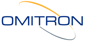OMITRON logo with blue text and orange and gray swoosh lines