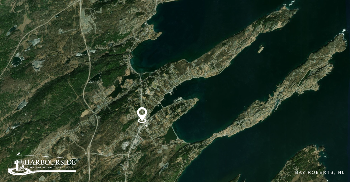 A satellite view of the Town of Bay Roberts, NL. Harbourside constructed a Transportation master plan for the town in 2016.