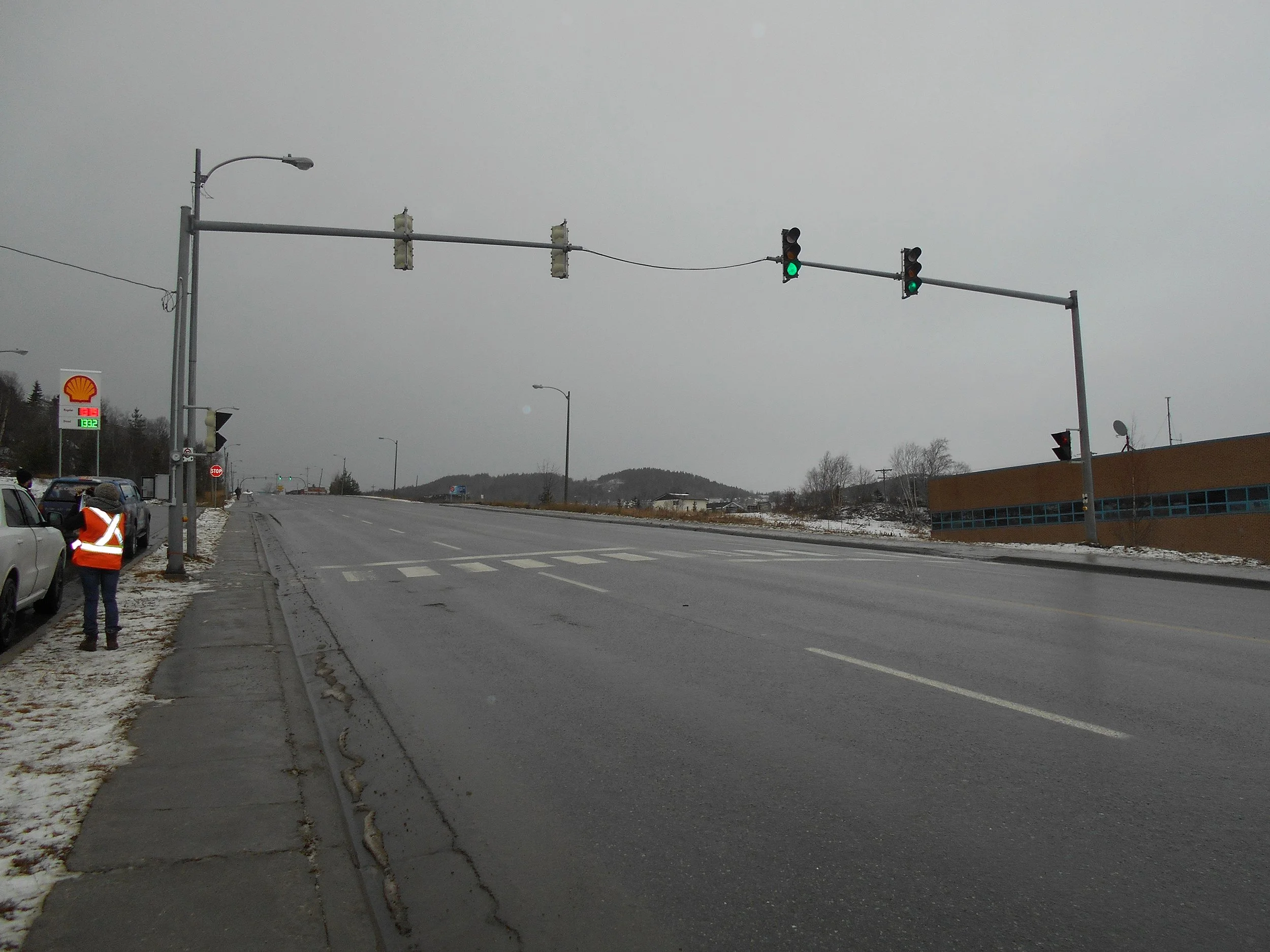 An overcast sky looms above the O'Connell Pedestrian crossing, Corner Brook, NL, 2017