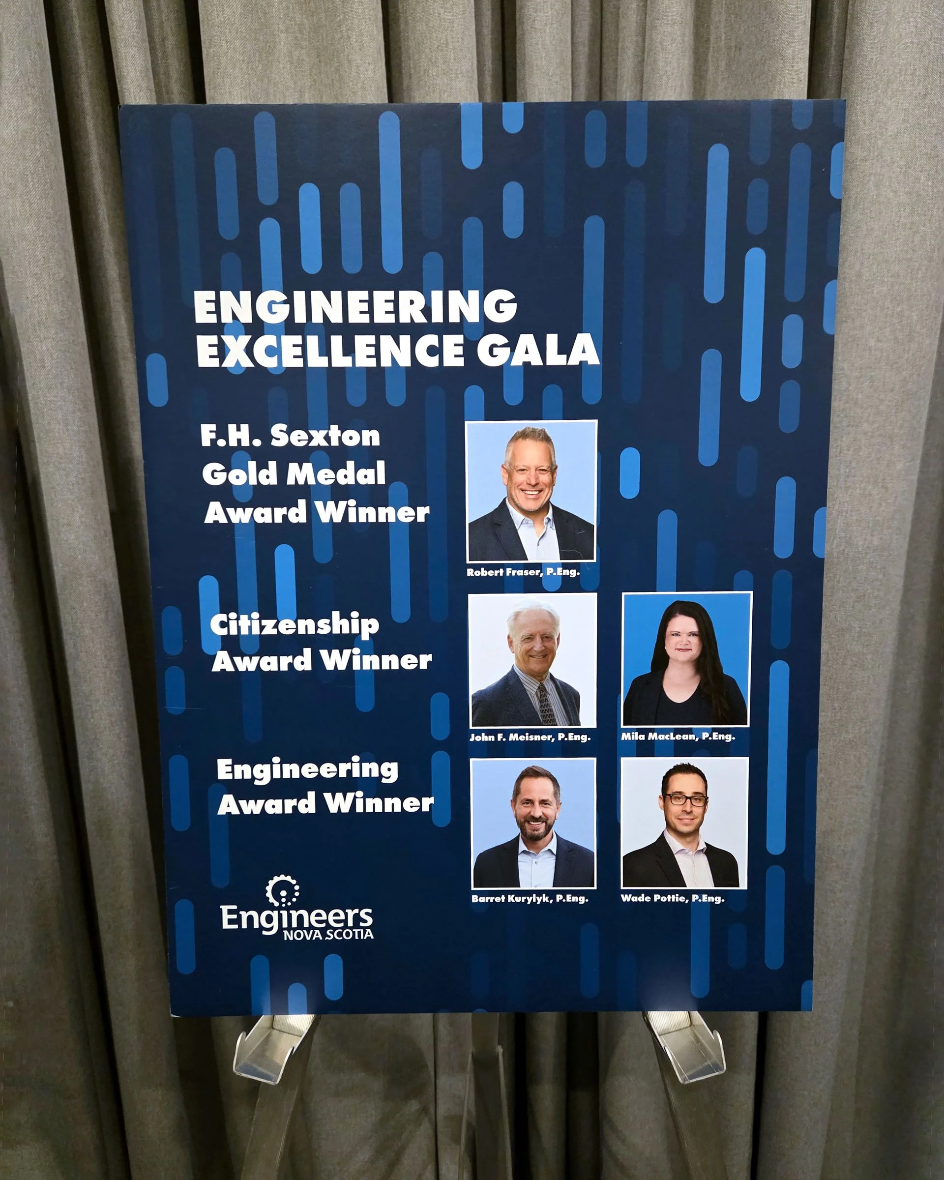 Engineering Excellence Gala easel, showcasing some of the evening's winners during the 2026 Engineers Nova Scotia Awards.