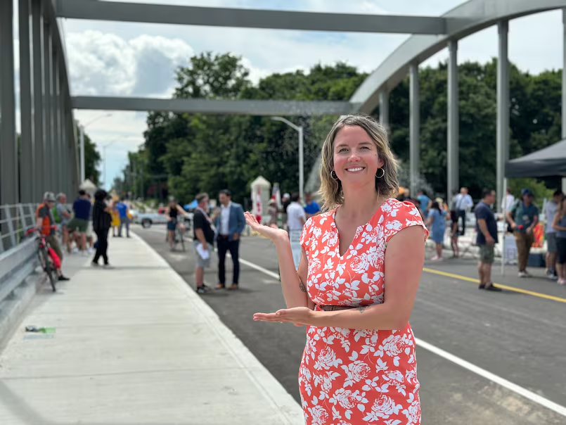 Ward 11 Councillor Skylar Franke at the grand reopening of the Victoria Bridge, July 2024
