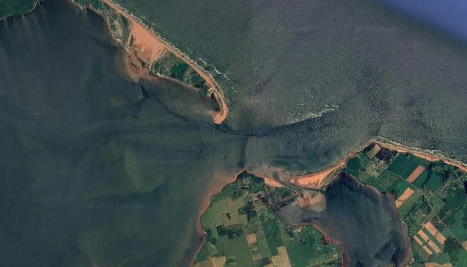 Satellite image of the Malpeque Bay area. To the lower right, the Darnley Channel can be seen.