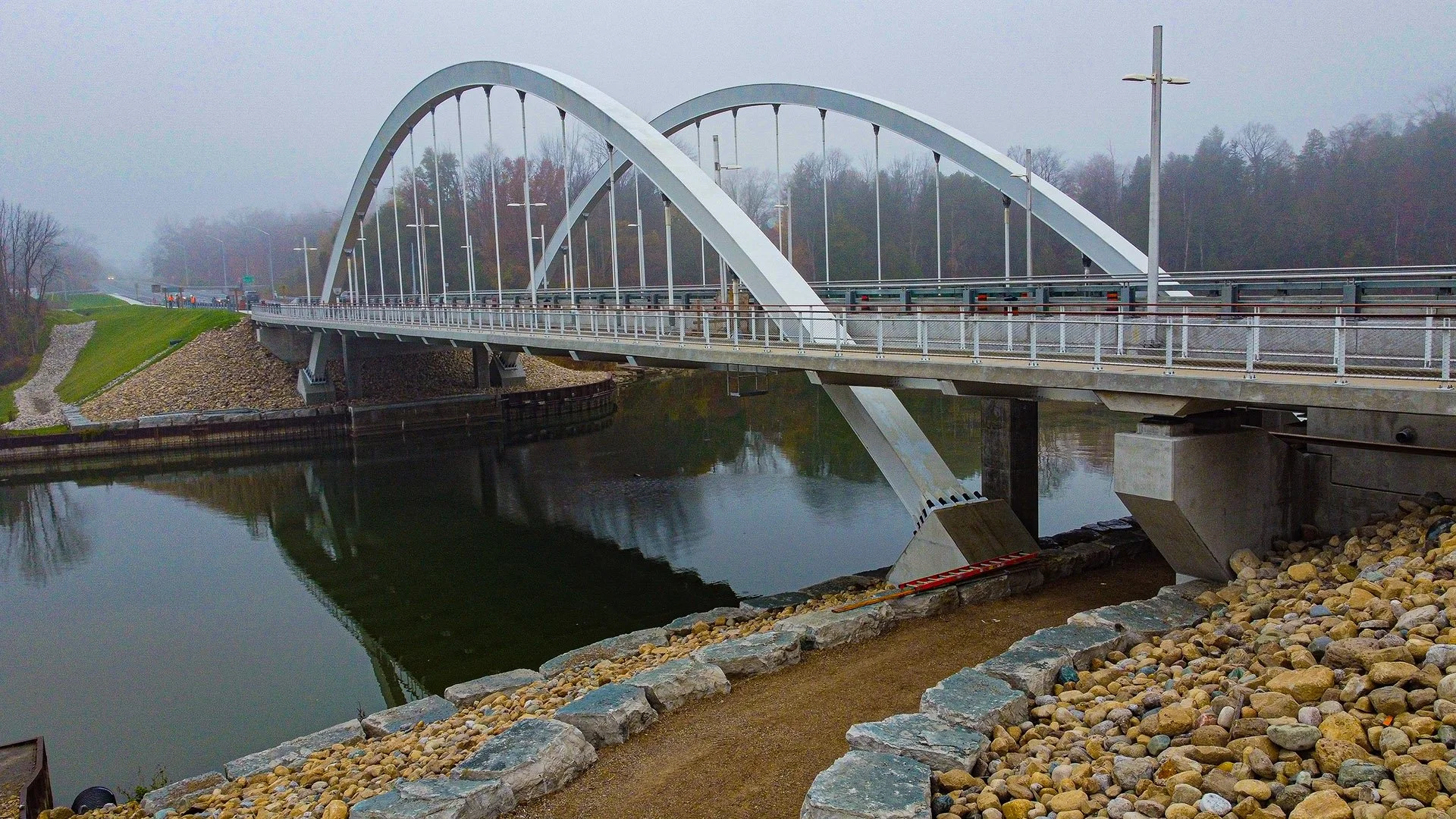 The completed Bayfield River Bridge, as seen from the walking trail that loops beneath the bridge. Ontario, 2022.