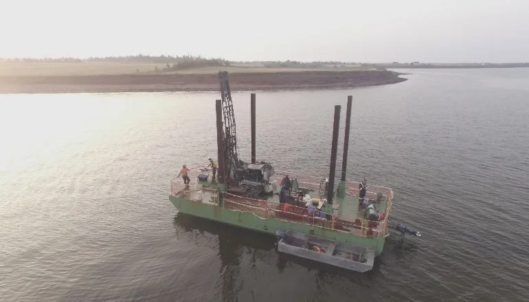 Barge used in the drilling as part of the geotechnical investigation in Malpeque cove.