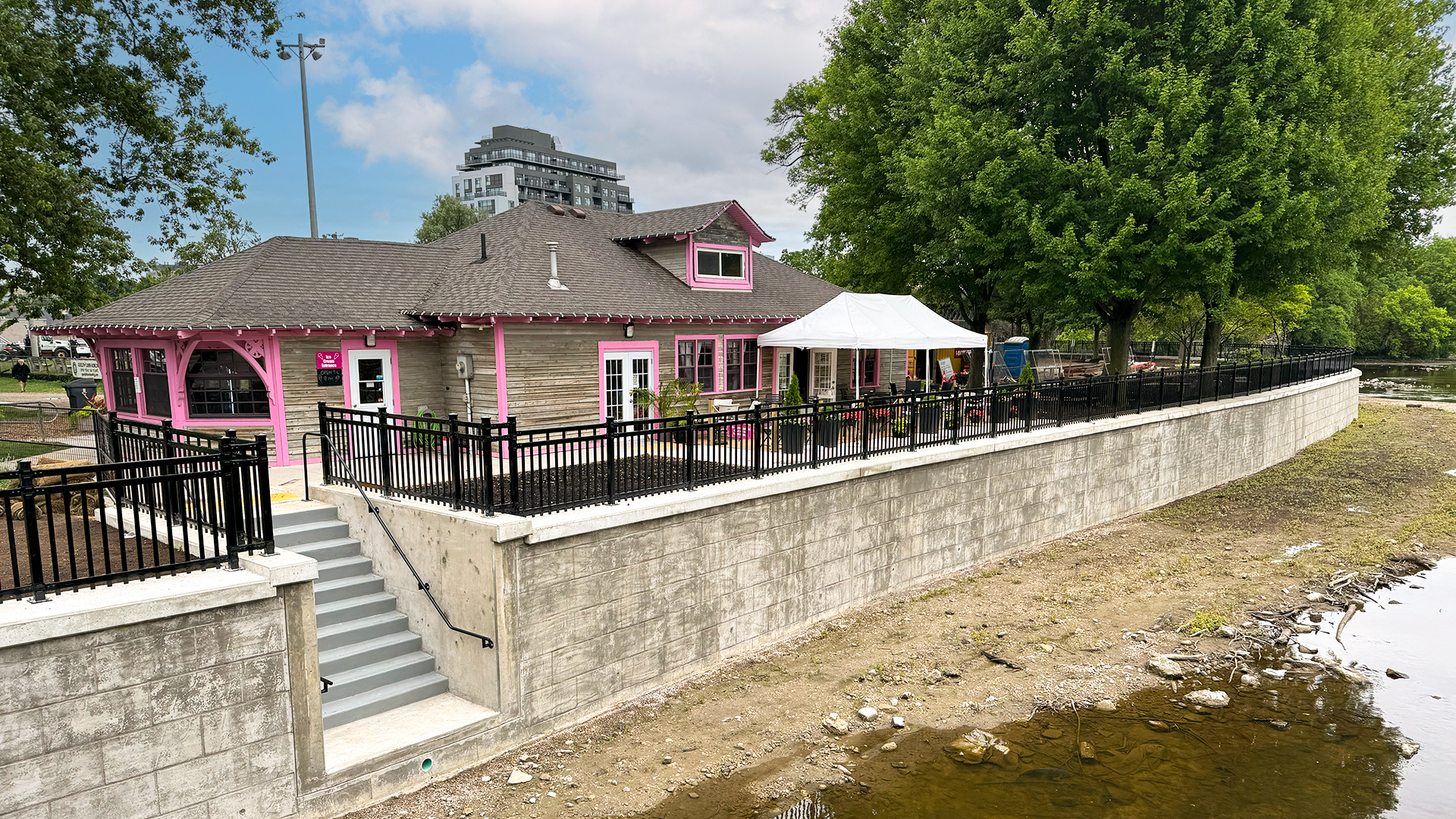 The rehabilitated Boathouse retaining wall and concrete staircase. The riverway has been drawn down in order to help complete the work.