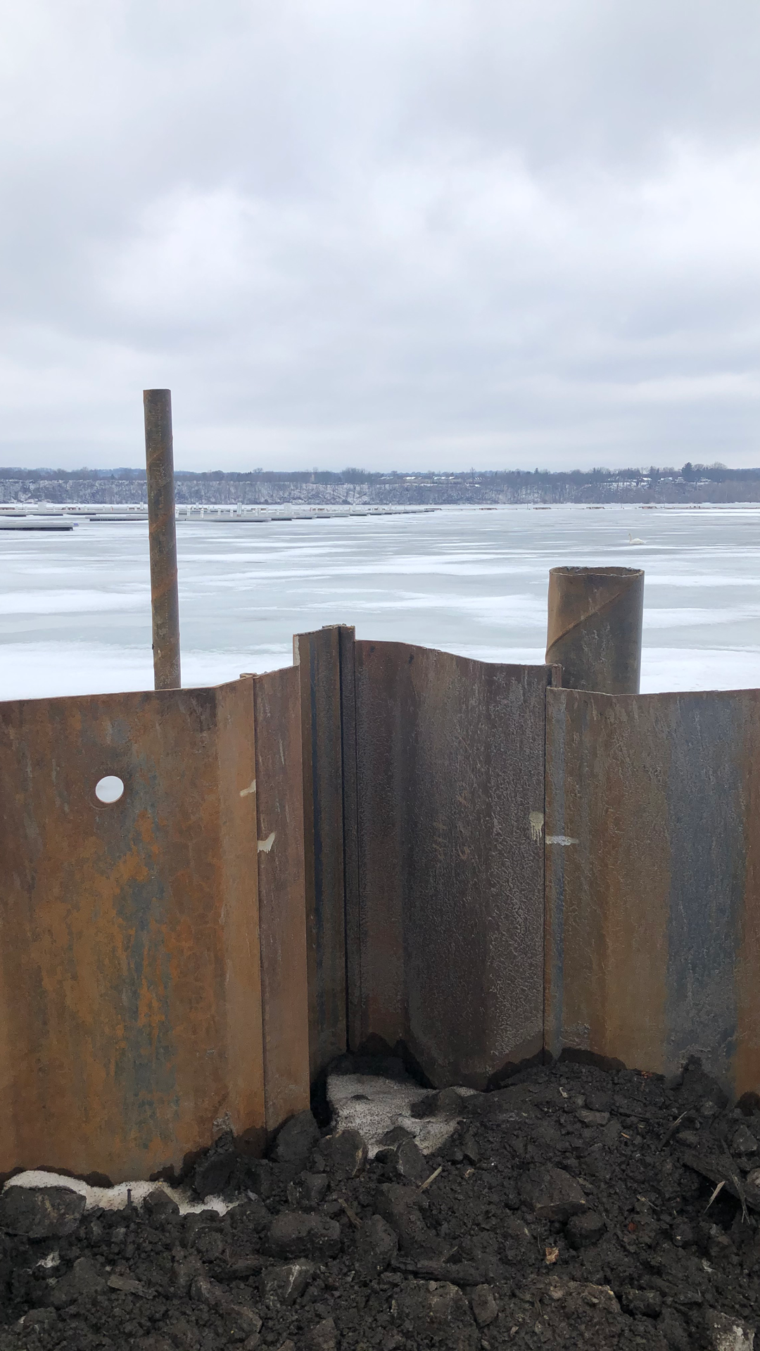 Close up view of the steel sheet pile wall structure under construction during the Hamilton Waterfront marine wall rehabilitation.