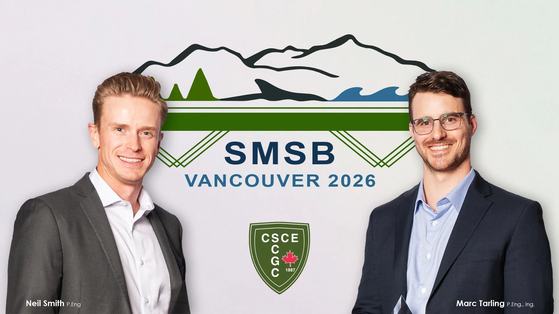 Neil Smith P.Eng (left), and Marc Tarling P.Eng., ing (right), posing in front of the SMSB logo for the Short and Medium Span Bridge Conference in Vancouver 2026.