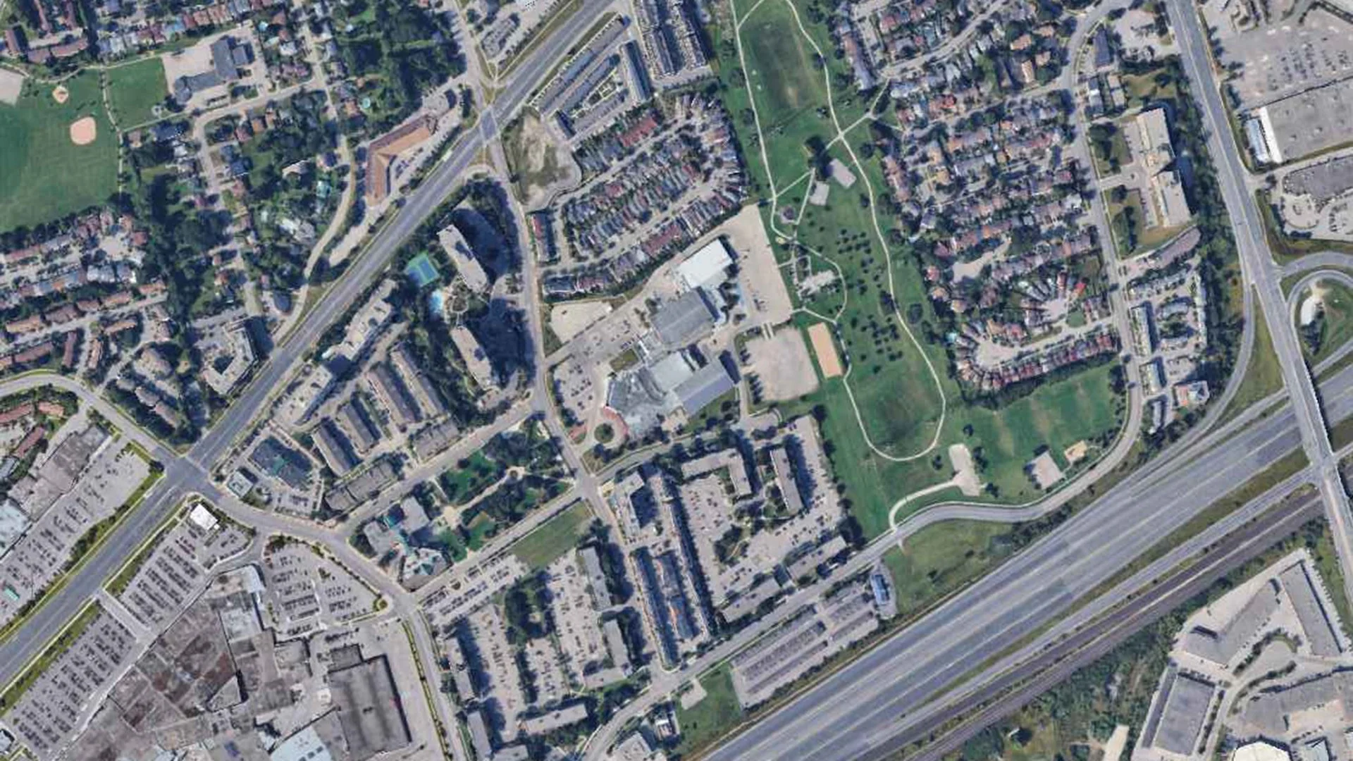 A satellite image of the Pickering City Centre, and area designated for the Transportation Master Plan.