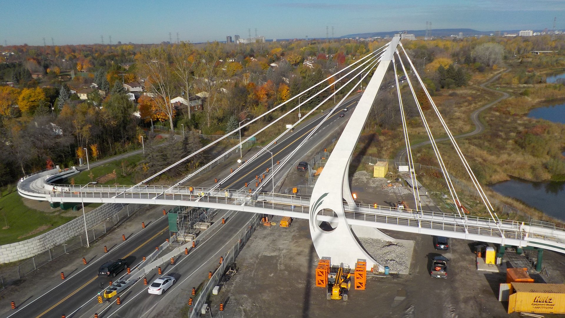 An aerial view of the Juno Beach Memorial Bridge (Formerly known as the Hunt Club Pedestrian Bridge), Ottawa, Ontario. Construction was completed in 2014.