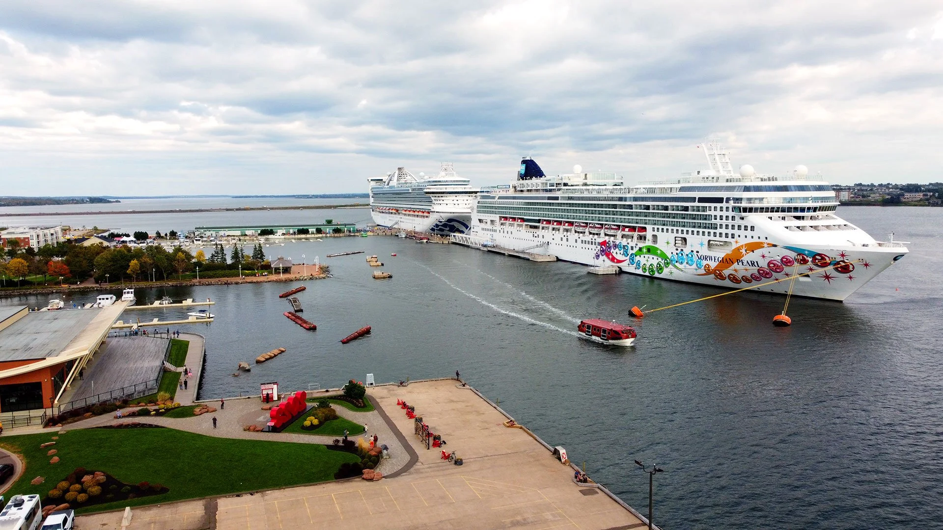 The cruise ship The Norwegian Pearl can be seen at anchor at the newly developed terminal expansion in Charlottetown, PEI.